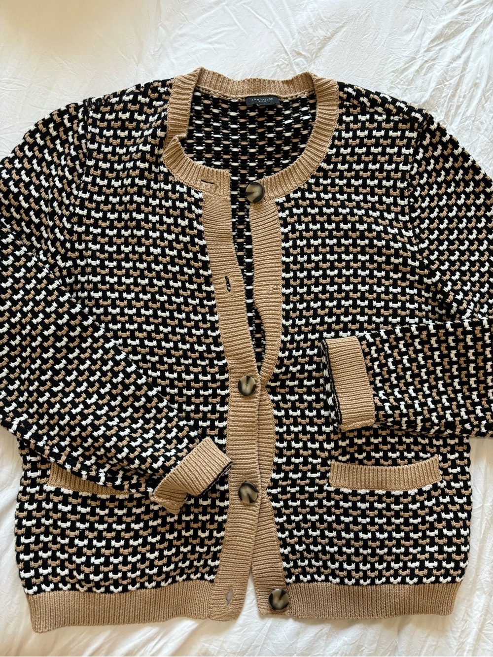 Ann Taylor Black and Cream Patterned Sweater Cardigan with Tan Trim - Picture 3 of 3